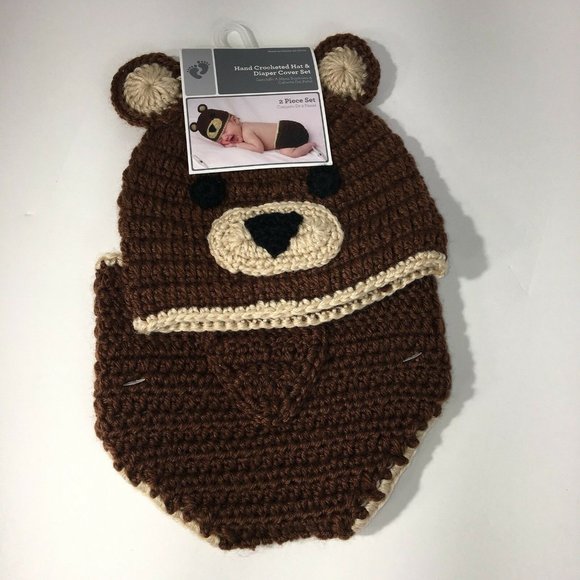 Hand Crocheted Hat And Diaper Cover Bear Sz 0-9 Months Brown Infant Baby Photo - Picture 9 of 12